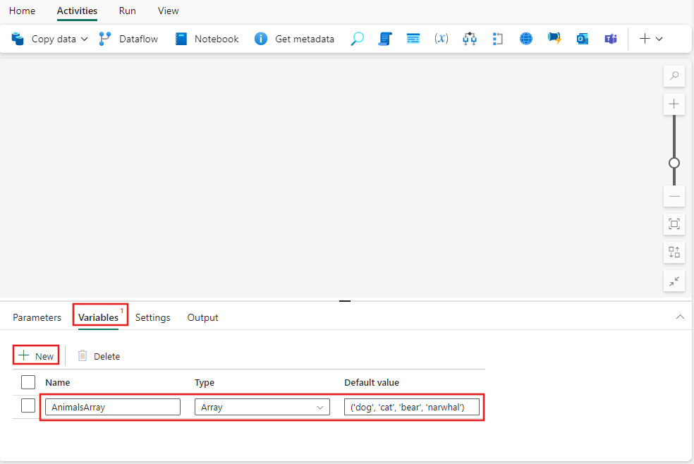 Screenshot che mostra la creazione di una nuova variabile di pipeline di tipo Array denominata AnimalsArray con alcuni nomi di animali come valori.