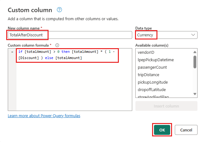 Screenshot che mostra la schermata di configurazione della colonna personalizzata con evidenziati il nome della nuova colonna, il tipo di dati e la formula della colonna personalizzata.