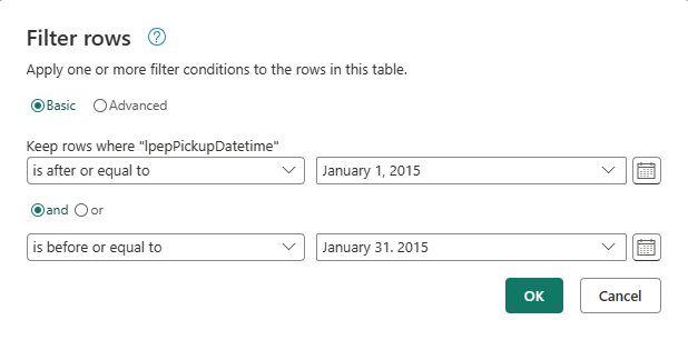 Screenshot che mostra la selezione delle date a gennaio 2015.