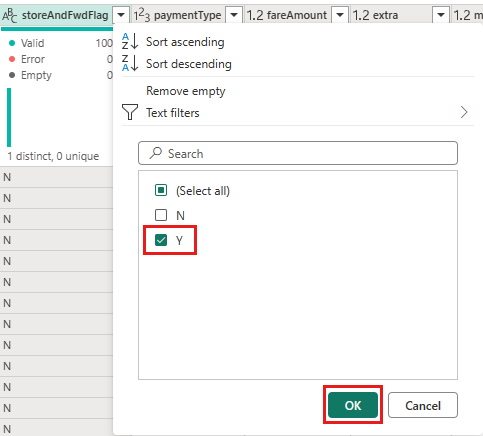 Screenshot che mostra il filtro dei valori con solo 'Y' selezionato.