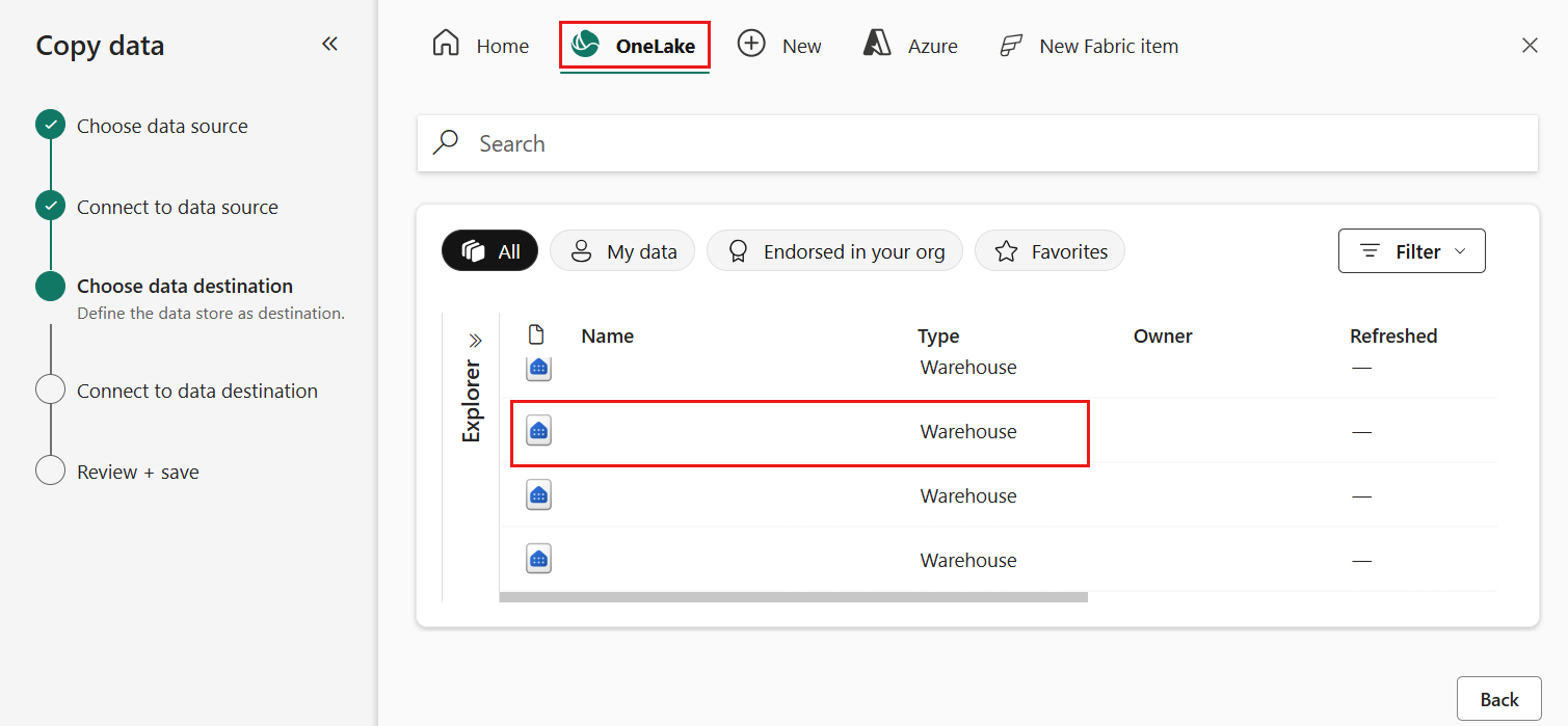 Screenshot che mostra la selezione della destinazione Magazzino.