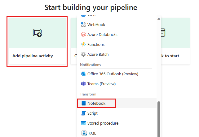 Screenshot che mostra la finestra di dialogo per l'attività di aggiunta di un notebook.