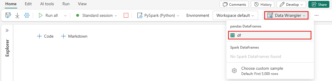 Screenshot che mostra come avviare il data wrangler da un notebook.