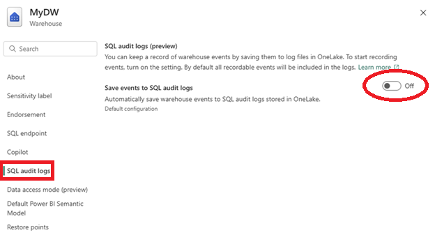 Screenshot del portale Fabric delle impostazioni da abilitare.