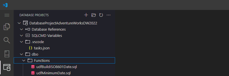 Screenshot da Visual Studio Code che mostra il nuovo progetto di database per AdventureWorksDW2022.
