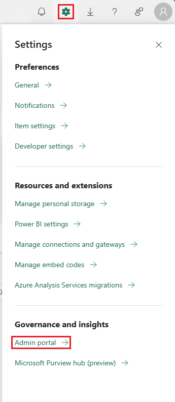 Screenshot che illustra come accedere al portale di amministrazione di Microsoft Fabric.