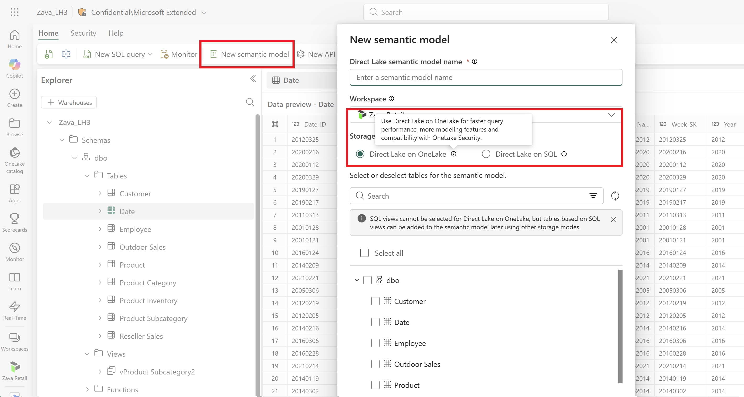 Screenshot che mostra la finestra di dialogo di selezione del tipo Direct Lake durante la creazione di un modello semantico dalla pagina endpoint di analisi SQL.