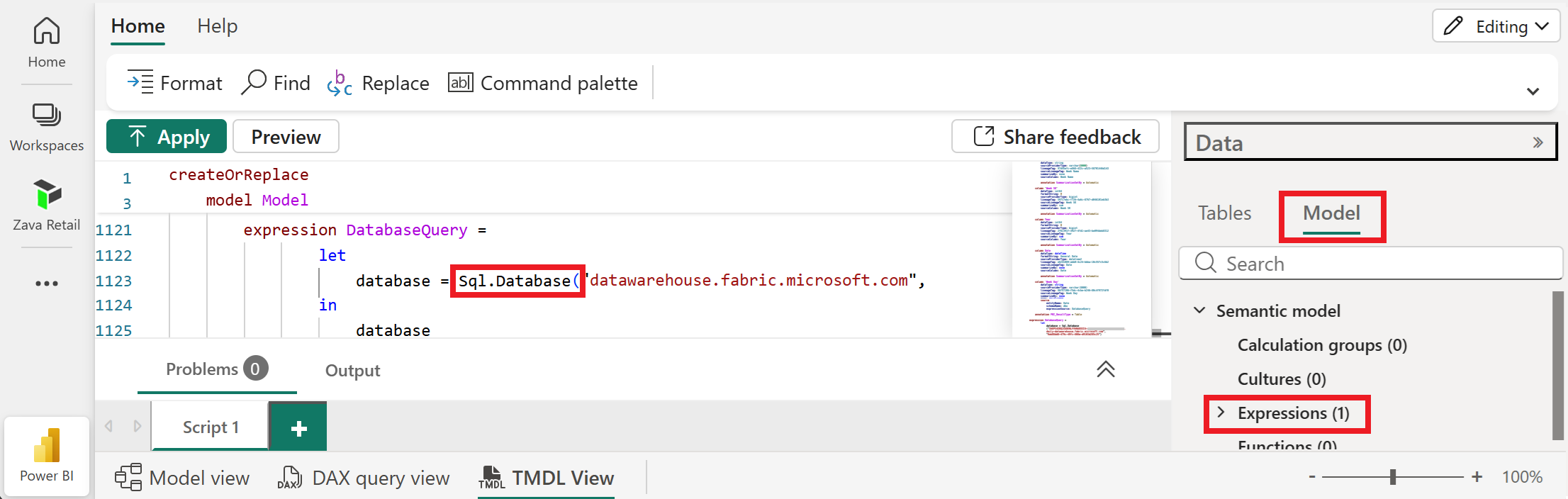 Screenshot che mostra il connettore SQL Server nella vista TMDL per un modello Direct Lake on SQL.