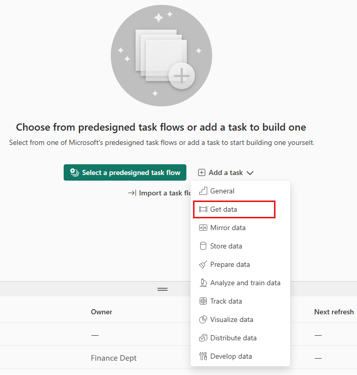 Screenshot che mostra il selettore dell'elenco a discesa add-task nell'area di disegno del flusso di attività.