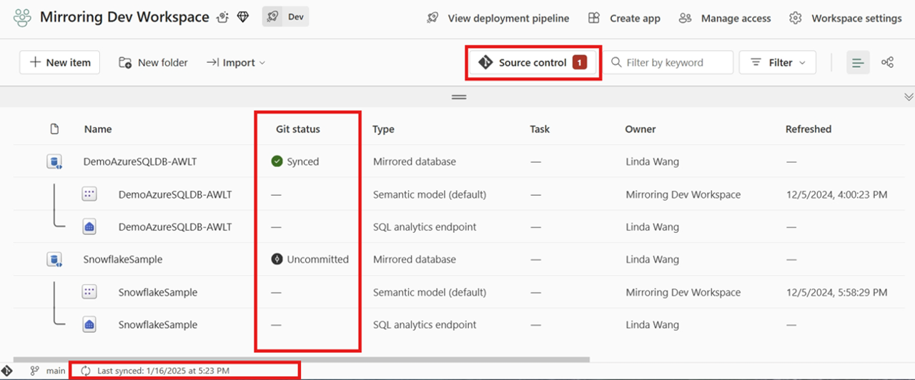 Screenshot che mostra l'area di lavoro Fabric con lo stato di Git e altri dettagli segnalati per il database replicato.
