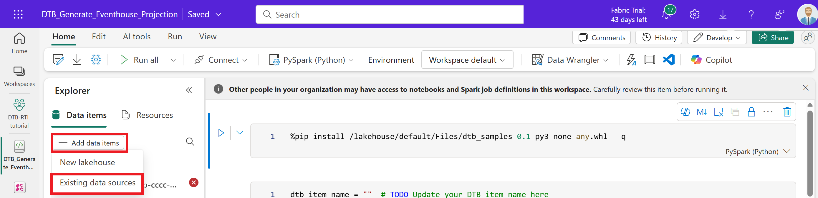 Screenshot dell'aggiunta di elementi di dati al notebook.