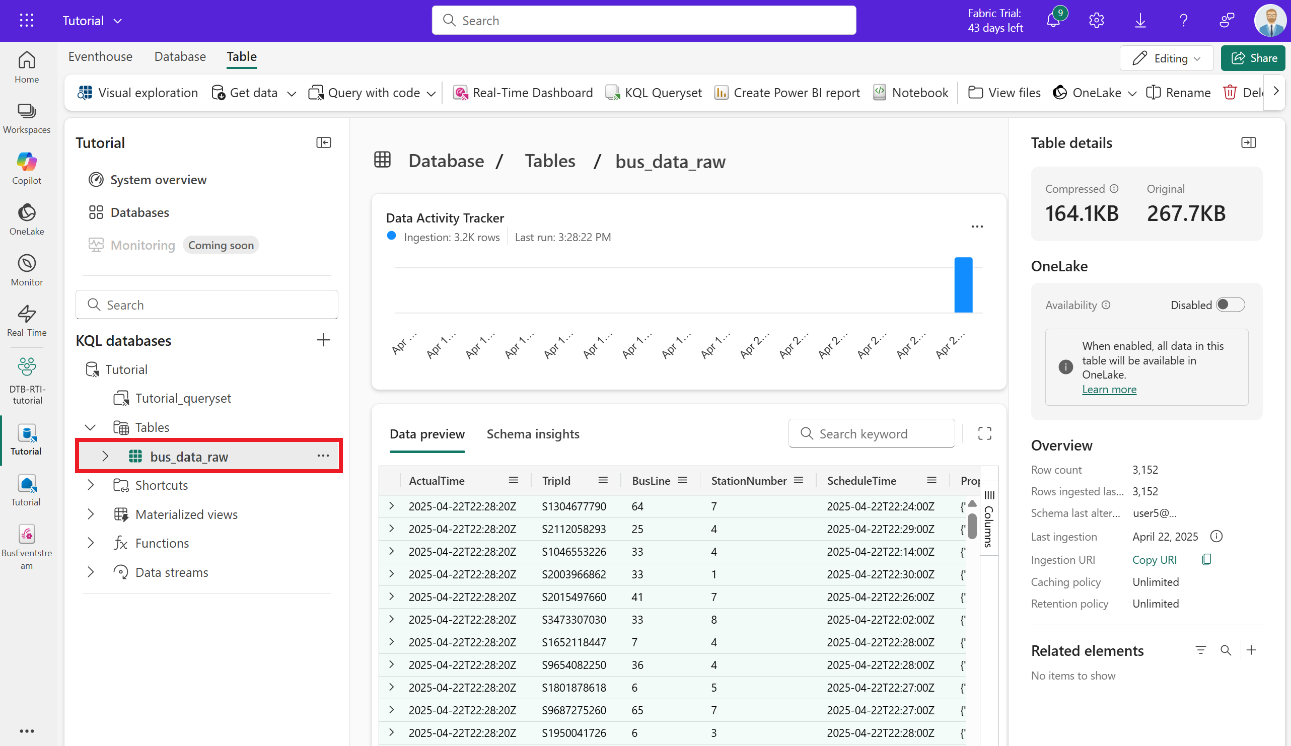 Screenshot della tabella bus_data_raw con i dati.