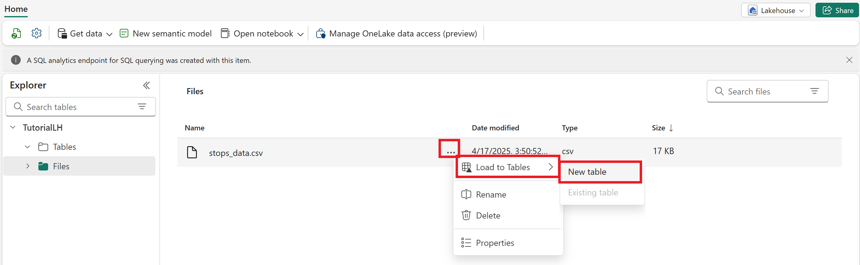 Screenshot di Microsoft Fabric, selezionando l'opzione Carica nelle tabelle.
