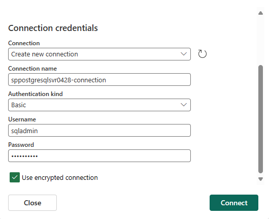 Screenshot che mostra la sezione Credenziali di connessione per il connettore di database PostgreSQL.