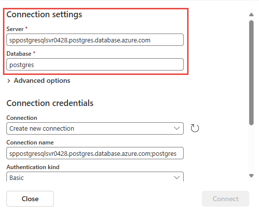 Screenshot che mostra la sezione Impostazioni di connessione per il connettore di database PostgreSQL.