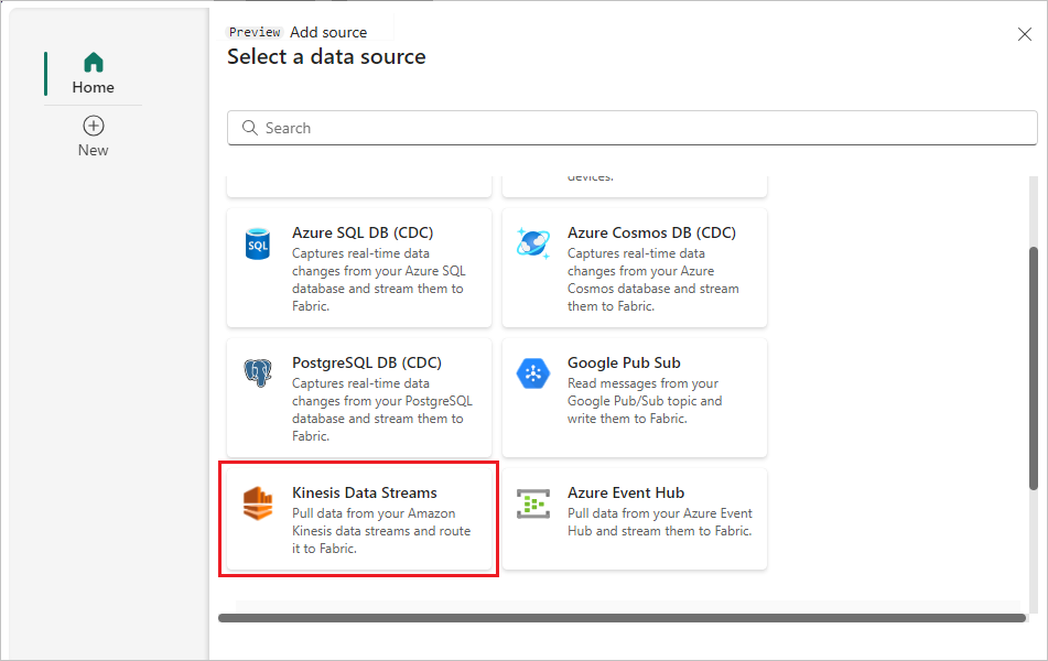 Uno screenshot della selezione di Kinesis Data Streams.