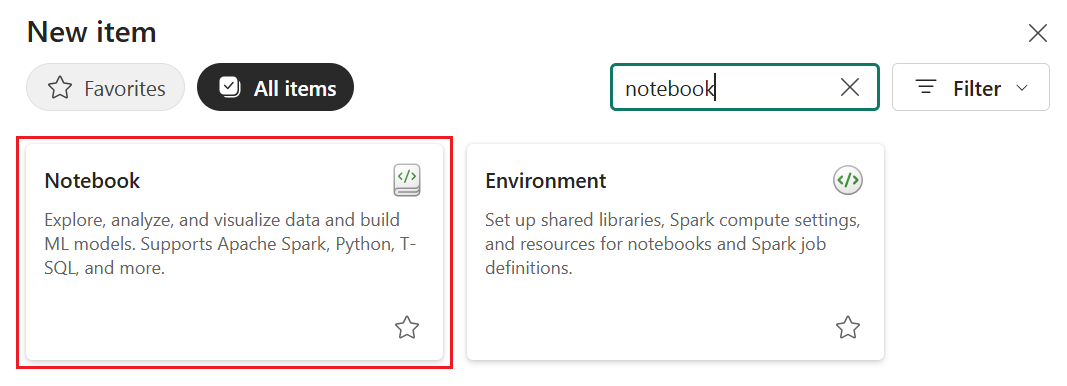 Screenshot della finestra di dialogo Nuovo elemento di Microsoft Fabric con una casella di ricerca contenente il notebook di testo. I risultati della ricerca visualizzano un riquadro Notebook con un'icona del documento, che mostra la descrizione Creare un notebook per esplorare i dati e creare modelli di Machine Learning. L'opzione Notebook è evidenziata che indica che è possibile selezionarla per creare un nuovo elemento del notebook.