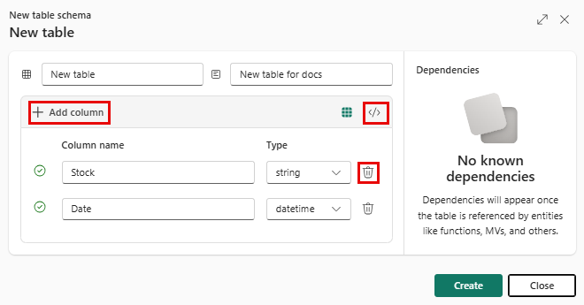 Screenshot della creazione guidata nuova tabella vuota in Real-Time Intelligence. Le opzioni Aggiungi colonna, eliminazione e visualizzatore comandi sono evidenziate.