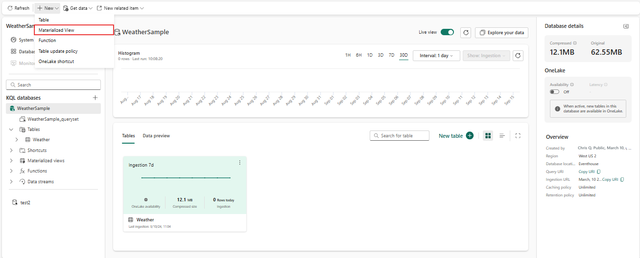 Screenshot della pagina principale del database KQL che mostra il menu a discesa dell'opzione Nuovo, con l'opzione intitolata Visualizzazione materializzata evidenziata.