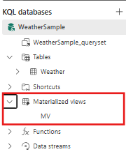 Screenshot del riquadro Esplora che mostra le entità di database in Tempo Reale Intelligence. L'elenco a discesa delle visualizzazioni materializzate è evidenziato.