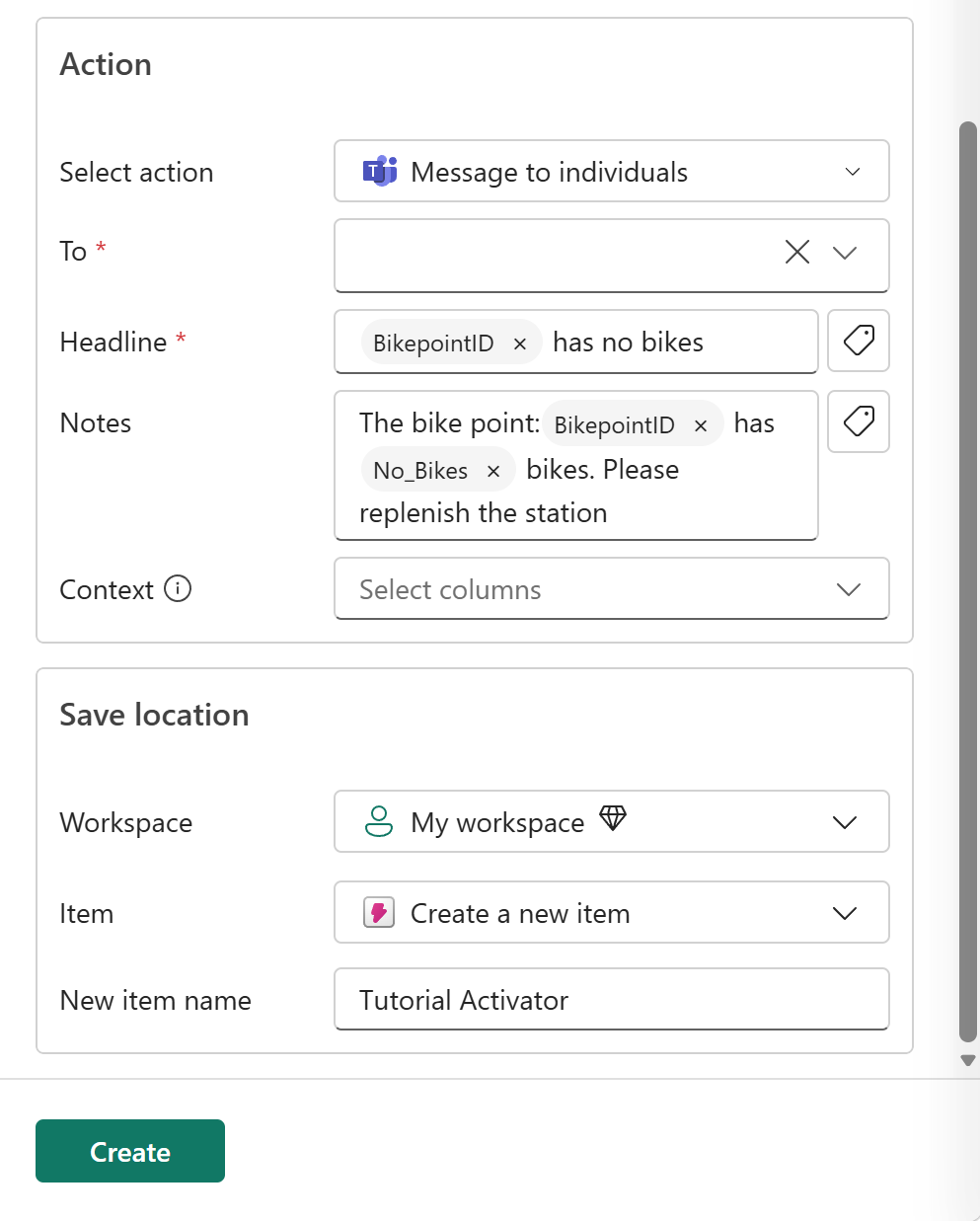 Screenshot del riquadro Imposta alert in Intelligence in tempo reale.