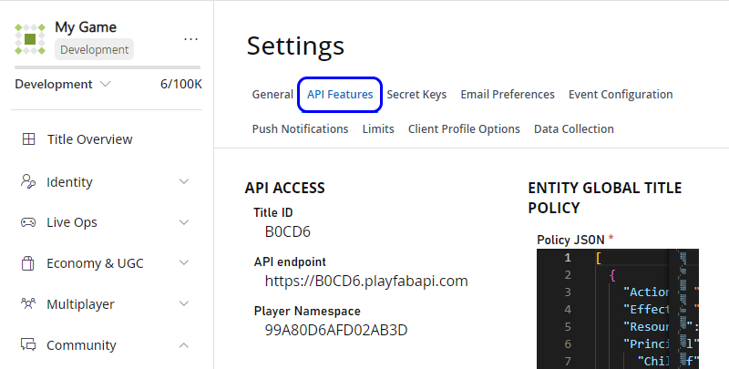 API feature tab in Game Manager