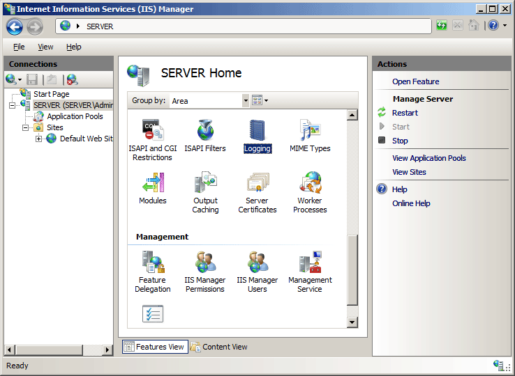 Screenshot dell'opzione Registrazione selezionata nel riquadro Home SERVER.