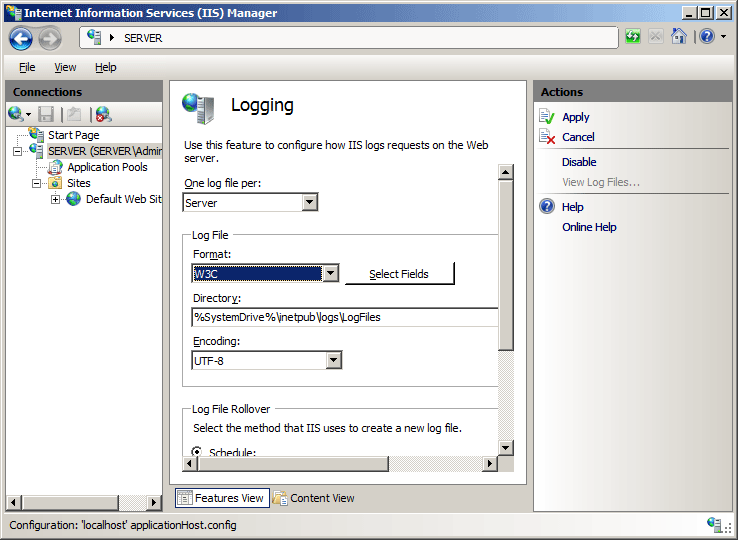 Screenshot dell'impostazione di Un file di log per server e Formato file di log su W 3 C nel riquadro Registrazione.