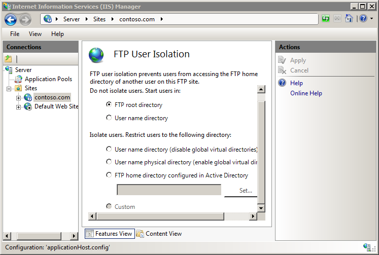 Screenshot della finestra I S Manager che mostra la pagina F T P User Isolation (Isolamento utente F T P).