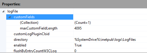 Screenshot del riquadro Proprietà che mostra le selezioni di menu espanse per logFile e customFields.