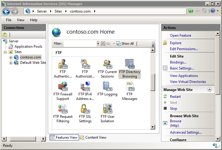 Screenshot della finestra I S Manager che mostra le opzioni F T P home del sito nel riquadro principale. L'esplorazione della directory F T P è evidenziata.