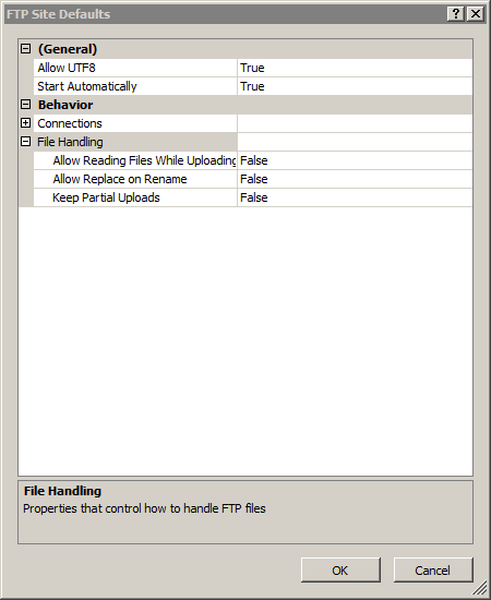Screenshot della finestra di dialogo Impostazioni predefinite sito F T con l'opzione Gestione file espansa.