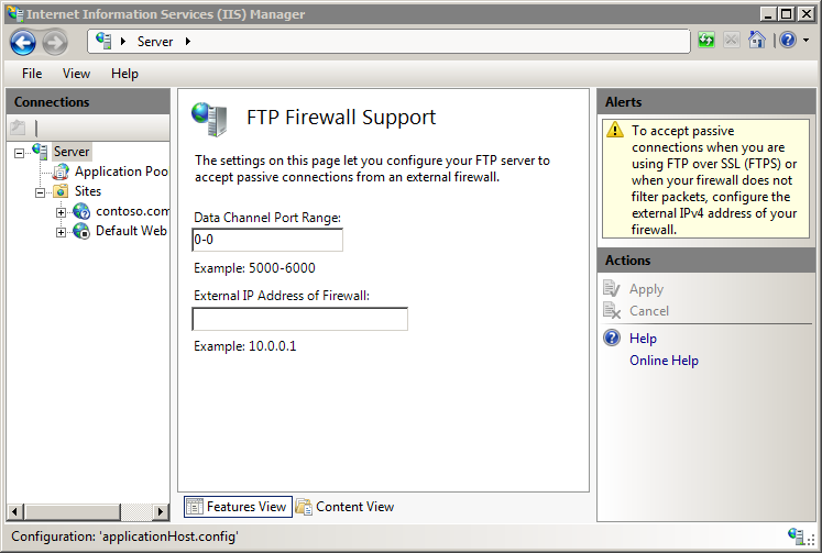 Screenshot del riquadro Supporto del firewall F T P con l'intervallo porta canale dati impostato su un valore pari a 0 trattino 0.