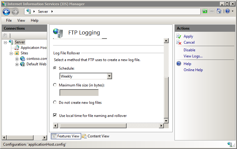 Screenshot della pagina F T P Logging all'interno di I S Manager.