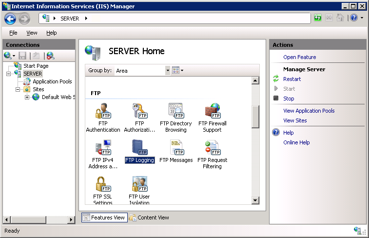 Screenshot della home page server in I S Manager. L'icona per la registrazione F T P è evidenziata.