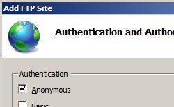 Screenshot che mostra l'opzione Aggiungi sito FTP. Anonima è selezionata in Impostazioni di autenticazione e autorizzazione.