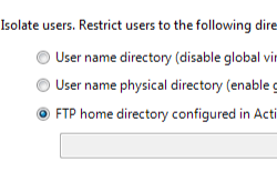 Screenshot che mostra la pagina F T P User Isolation con la home directory F T P configurata in Active Directory selezionata.