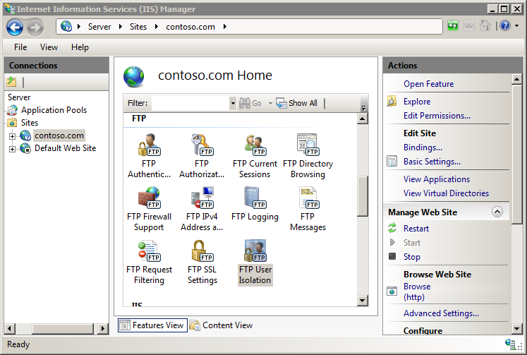 Screenshot della finestra I S Manager che mostra la home page del sito Web. L'icona F T P User Isolation (Isolamento utente F T P) è selezionata.