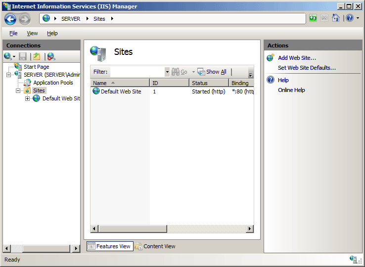 Screenshot del riquadro Siti con il sito Web predefinito.
