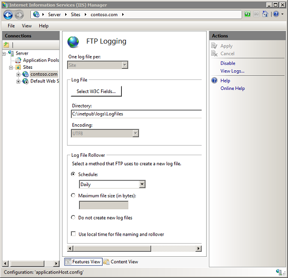 Screenshot del riquadro Registrazione F T P con le opzioni specificate.