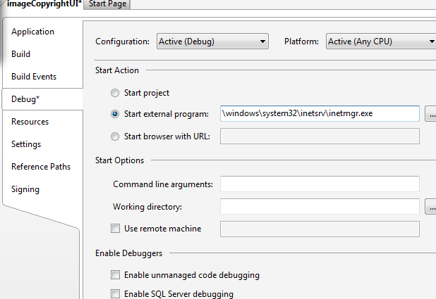 Screenshot della scheda Debug impostata sull'azione Avvia programma esterno.