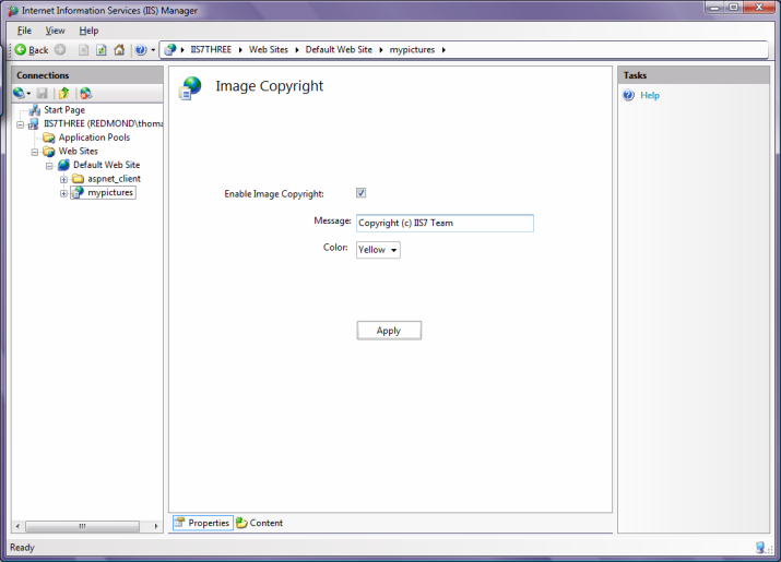 Screenshot di IIS Management Console con l'applicazione le mie immagini selezionata e il messaggio di Copyright visualizzato.