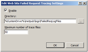 Screenshot della finestra di dialogo Modifica delle impostazioni di traccia delle richieste non riuscite del sito Web.