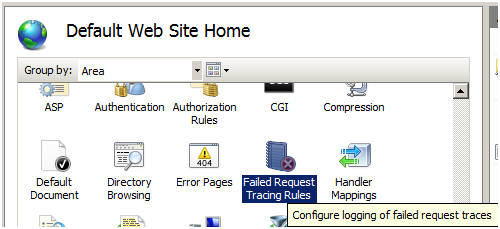 Screenshot della schermata Home del sito Web predefinito con l'opzione Regole di traccia delle richieste non riuscite evidenziata.