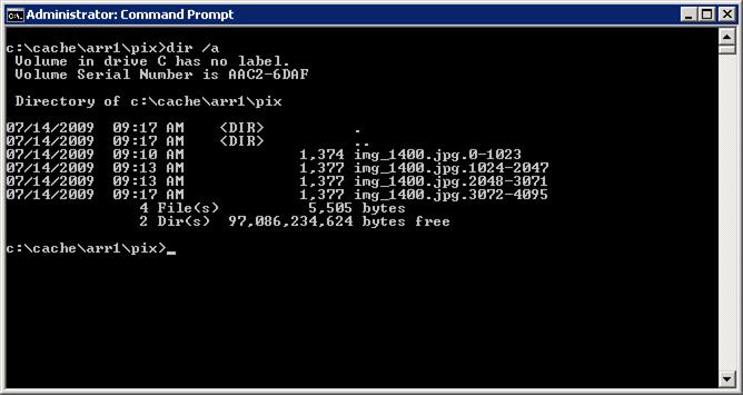 Screenshot del prompt dei comandi dell'amministratore. Viene elencata la directory delle richieste di intervallo di byte con trattino.