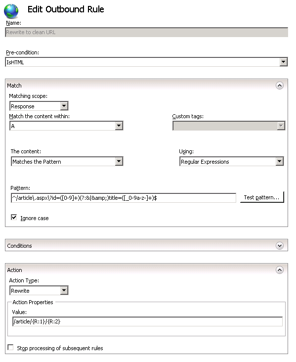 Screenshot prima di applicare la nuova regola di riscrittura in uscita con la precondizione IsHTML