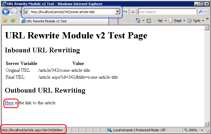 Screenshot di Final U R L dopo aver posizionato il puntatore del mouse sul collegamento nella pagina di test del modulo di riscrittura di U R L usando un Web browser.