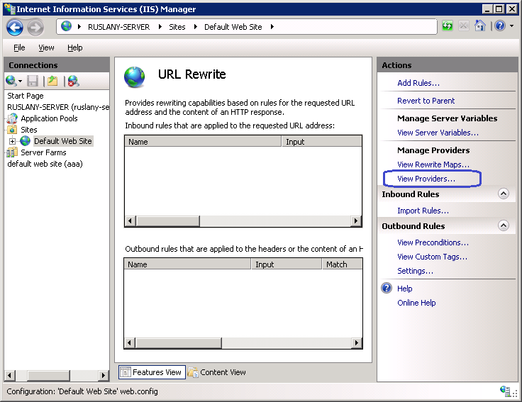 Screenshot del I I S Manager con messa a fuoco sull'opzione Visualizza Provider nella sezione Gestisci Provider del riquadro Azioni.