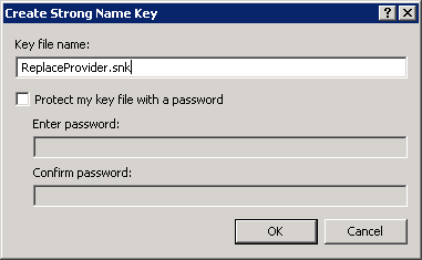 Screenshot della finestra di dialogo Crea chiave con nome sicuro, che contiene i campi Nome file chiave, Immettere password e Conferma password.