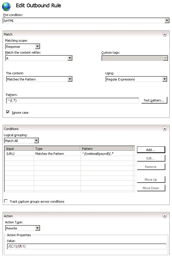 Screenshot della pagina delle proprietà della regola di modifica in uscita. Le categorie Corrispondenza, Condizioni e Azione sono visualizzate.